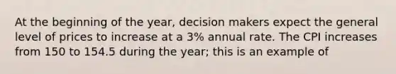 At the beginning of the year, decision makers expect the general level of prices to increase at a 3% annual rate. The CPI increases from 150 to 154.5 during the year; this is an example of