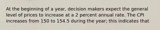 At the beginning of a year, decision makers expect the general level of prices to increase at a 2 percent annual rate. The CPI increases from 150 to 154.5 during the year; this indicates that