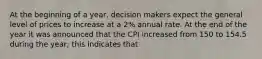 At the beginning of a year, decision makers expect the general level of prices to increase at a 2% annual rate. At the end of the year it was announced that the CPI increased from 150 to 154.5 during the year; this indicates that