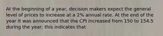 At the beginning of a year, decision makers expect the general level of prices to increase at a 2% annual rate. At the end of the year it was announced that the CPI increased from 150 to 154.5 during the year; this indicates that