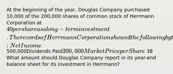 At the beginning of the year, Douglas Company purchased 10,000 of the 200,000 shares of common stock of Herrmann Corporation at 40 per share as a long-term investment. The records of Herrmann Corporation showed the following by the end of the year: Net Income 500,000Dividends Paid200,000Market Price per Share 38 What amount should Douglas Company report in its year-end balance sheet for its investment in Herrmann?