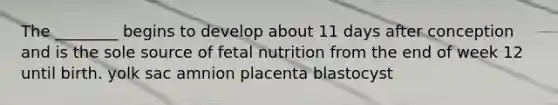 The ________ begins to develop about 11 days after conception and is the sole source of fetal nutrition from the end of week 12 until birth. yolk sac amnion placenta blastocyst