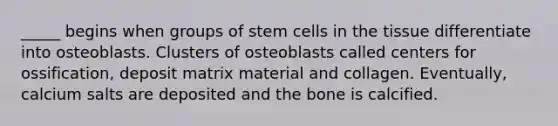 _____ begins when groups of stem cells in the tissue differentiate into osteoblasts. Clusters of osteoblasts called centers for ossification, deposit matrix material and collagen. Eventually, calcium salts are deposited and the bone is calcified.