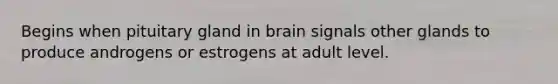 Begins when pituitary gland in brain signals other glands to produce androgens or estrogens at adult level.