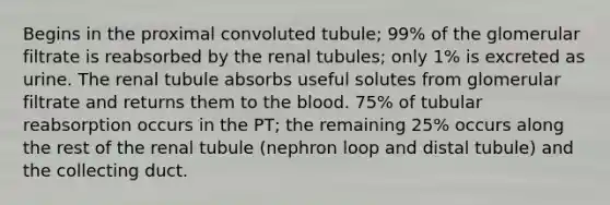 Begins in the proximal convoluted tubule; 99% of the glomerular filtrate is reabsorbed by the renal tubules; only 1% is excreted as urine. The renal tubule absorbs useful solutes from glomerular filtrate and returns them to the blood. 75% of tubular reabsorption occurs in the PT; the remaining 25% occurs along the rest of the renal tubule (nephron loop and distal tubule) and the collecting duct.