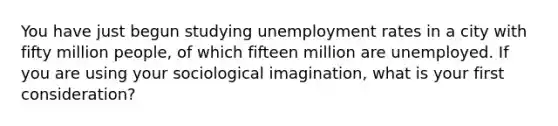 You have just begun studying unemployment rates in a city with fifty million people, of which fifteen million are unemployed. If you are using your sociological imagination, what is your first consideration?