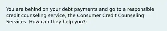 You are behind on your debt payments and go to a responsible credit counseling service, the Consumer Credit Counseling Services. How can they help you?: