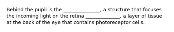 Behind the pupil is the _______________, a structure that focuses the incoming light on the retina ______________, a layer of tissue at the back of the eye that contains photoreceptor cells.