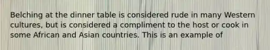 Belching at the dinner table is considered rude in many Western cultures, but is considered a compliment to the host or cook in some African and Asian countries. This is an example of