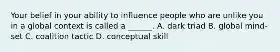 Your belief in your ability to influence people who are unlike you in a global context is called a ______. A. dark triad B. global mind-set C. coalition tactic D. conceptual skill