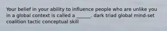 Your belief in your ability to influence people who are unlike you in a global context is called a ______. dark triad global mind-set coalition tactic conceptual skill