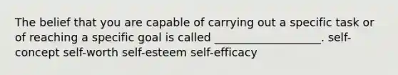 The belief that you are capable of carrying out a specific task or of reaching a specific goal is called ___________________. self-concept self-worth self-esteem self-efficacy