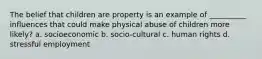 The belief that children are property is an example of __________ influences that could make physical abuse of children more likely? a. socioeconomic b. socio-cultural c. human rights d. stressful employment