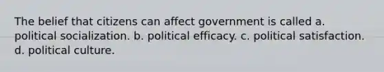 The belief that citizens can affect government is called a. political socialization. b. political efficacy. c. political satisfaction. d. political culture.