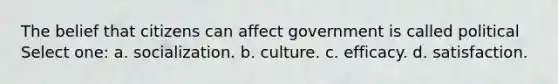 The belief that citizens can affect government is called political Select one: a. socialization. b. culture. c. efficacy. d. satisfaction.