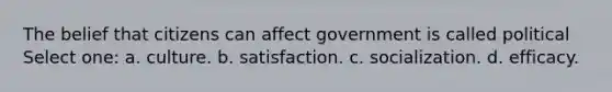 The belief that citizens can affect government is called political Select one: a. culture. b. satisfaction. c. socialization. d. efficacy.