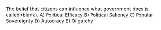 The belief that citizens can influence what government does is called (blank). A) Political Efficacy B) Political Saliency C) Popular Sovereignty D) Autocracy E) Oligarchy