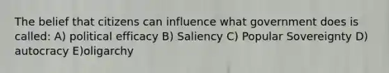 The belief that citizens can influence what government does is called: A) political efficacy B) Saliency C) Popular Sovereignty D) autocracy E)oligarchy