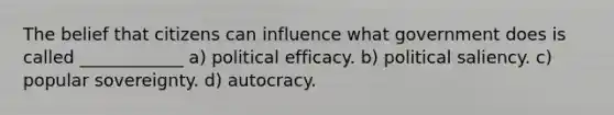 The belief that citizens can influence what government does is called ____________ a) political efficacy. b) political saliency. c) popular sovereignty. d) autocracy.