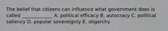 The belief that citizens can influence what government does is called _____________ A. political efficacy B. autocracy C. political saliency D. popular sovereignty E. oligarchy