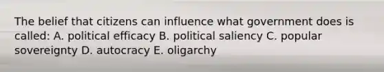 The belief that citizens can influence what government does is called: A. political efficacy B. political saliency C. popular sovereignty D. autocracy E. oligarchy