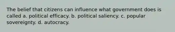 The belief that citizens can influence what government does is called a. political efficacy. b. political saliency. c. popular sovereignty. d. autocracy.