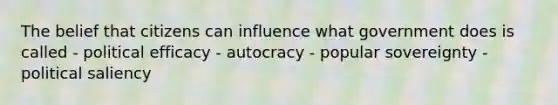 The belief that citizens can influence what government does is called - political efficacy - autocracy - popular sovereignty - political saliency