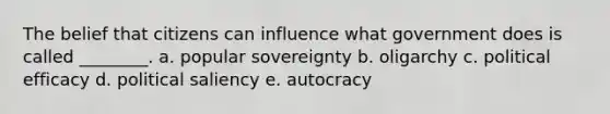 The belief that citizens can influence what government does is called ________. a. popular sovereignty b. oligarchy c. political efficacy d. political saliency e. autocracy