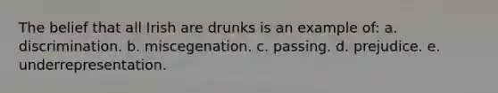 The belief that all Irish are drunks is an example of: a. discrimination. b. miscegenation. c. passing. d. prejudice. e. underrepresentation.