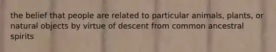 the belief that people are related to particular animals, plants, or natural objects by virtue of descent from common ancestral spirits