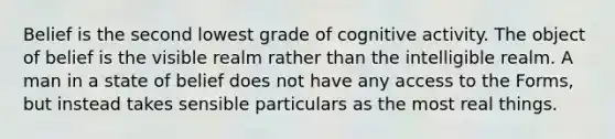 Belief is the second lowest grade of cognitive activity. The object of belief is the visible realm rather than the intelligible realm. A man in a state of belief does not have any access to the Forms, but instead takes sensible particulars as the most real things.