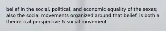 belief in the social, political, and economic equality of the sexes; also the social movements organized around that belief. is both a theoretical perspective & social movement