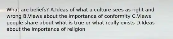 What are beliefs? A.Ideas of what a culture sees as right and wrong B.Views about the importance of conformity C.Views people share about what is true or what really exists D.Ideas about the importance of religion