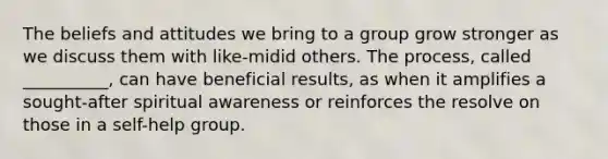 The beliefs and attitudes we bring to a group grow stronger as we discuss them with like-midid others. The process, called __________, can have beneficial results, as when it amplifies a sought-after spiritual awareness or reinforces the resolve on those in a self-help group.