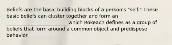 Beliefs are the basic building blocks of a person's "self." These basic beliefs can cluster together and form an _________________________ which Rokeach defines as a group of beliefs that form around a common object and predispose behavior