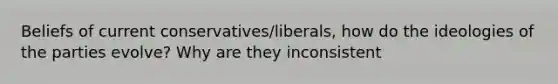 Beliefs of current conservatives/liberals, how do the ideologies of the parties evolve? Why are they inconsistent