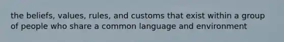 the beliefs, values, rules, and customs that exist within a group of people who share a common language and environment