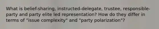 What is belief-sharing, instructed-delegate, trustee, responsible-party and party elite led representation? How do they differ in terms of "issue complexity" and "party polarization"?