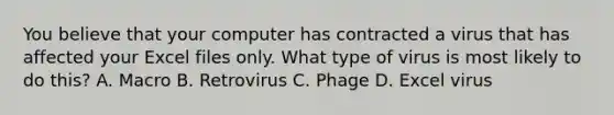 You believe that your computer has contracted a virus that has affected your Excel files only. What type of virus is most likely to do this? A. Macro B. Retrovirus C. Phage D. Excel virus