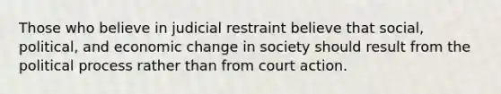 Those who believe in judicial restraint believe that social, political, and economic change in society should result from the political process rather than from court action.