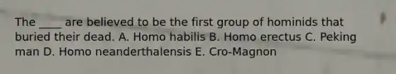 The ____ are believed to be the first group of hominids that buried their dead. A. Homo habilis B. Homo erectus C. Peking man D. Homo neanderthalensis E. Cro-Magnon