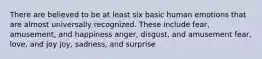 There are believed to be at least six basic human emotions that are almost universally recognized. These include fear, amusement, and happiness anger, disgust, and amusement fear, love, and joy joy, sadness, and surprise