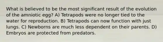 What is believed to be the most significant result of the evolution of the amniotic egg? A) Tetrapods were no longer tied to the water for reproduction. B) Tetrapods can now function with just lungs. C) Newborns are much less dependent on their parents. D) Embryos are protected from predators.