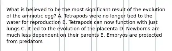 What is believed to be the most significant result of the evolution of the amniotic egg? A. Tetrapods were no longer tied to the water for reproduction B. Tetrapods can now function with just lungs C. It led to the evolution of the placenta D. Newborns are much less dependent on their parents E. Embryos are protected from predators