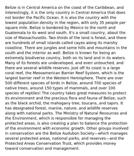 Belize is in Central America on the coast of the Caribbean, and interestingly, it is the only country in Central America that does not border the Pacific Ocean. It is also the country with the lowest population density in the region, with only 35 people per square mile. Belize is bordered by México to the north and Guatemala to its west and south. It's a small country, about the size of Massachusetts. Two-thirds of the land is forest, and there are hundreds of small islands called cayes along its marshy coastline. There are jungles and some hills and mountains in the south and the interior as well. Belize is known for being an extremely biodiverse country, both on its land and in its waters. Many of its forests are undeveloped, and even untouched, and there are several wildlife reserves. Just off its coast is a large coral reef, the Mesoamerican Barrier Reef System, which is the largest barrier reef in the Western Hemisphere. There are over 500 different species of birds in Belize, around 700 species of native trees, around 150 types of mammals, and over 100 species of reptiles! The country takes great measures to protect its environment and the precious flora and fauna of Belize, such as the black orchid, the mahogany tree, toucans, and tapirs. It has designated forest, marine, nature, and wildlife reserves along with national parks. The Ministry of Natural Resources and the Environment, which is responsible for managing the protected areas, is also creating a plan to balance the protection of the environment with economic growth. Other groups involved in conservation are the Belize Audubon Society—which manages several protected areas, national parks, and reserves—and the Protected Areas Conservation Trust, which provides money toward conservation and management.