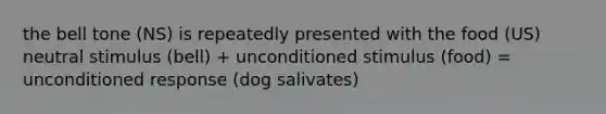 the bell tone (NS) is repeatedly presented with the food (US) neutral stimulus (bell) + unconditioned stimulus (food) = unconditioned response (dog salivates)