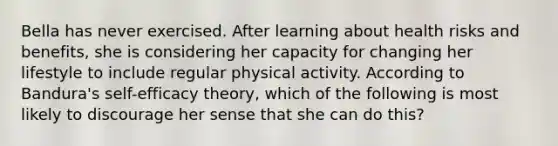 Bella has never exercised. After learning about health risks and benefits, she is considering her capacity for changing her lifestyle to include regular physical activity. According to Bandura's self-efficacy theory, which of the following is most likely to discourage her sense that she can do this?