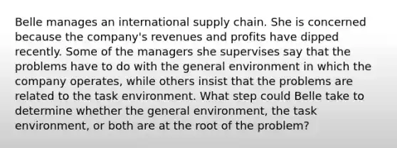 Belle manages an international supply chain. She is concerned because the company's revenues and profits have dipped recently. Some of the managers she supervises say that the problems have to do with the general environment in which the company operates, while others insist that the problems are related to the task environment. What step could Belle take to determine whether the general environment, the task environment, or both are at the root of the problem?