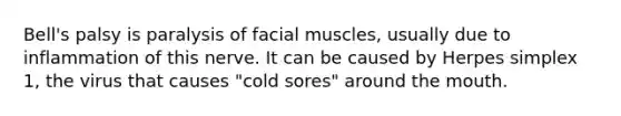 Bell's palsy is paralysis of facial muscles, usually due to inflammation of this nerve. It can be caused by Herpes simplex 1, the virus that causes "cold sores" around the mouth.