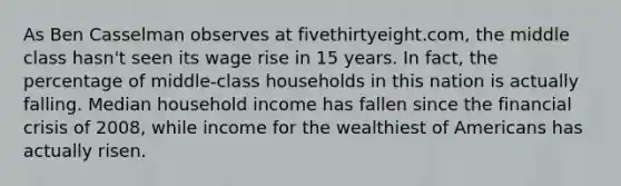 As Ben Casselman observes at fivethirtyeight.com, the middle class hasn't seen its wage rise in 15 years. In fact, the percentage of middle-class households in this nation is actually falling. Median household income has fallen since the financial crisis of 2008, while income for the wealthiest of Americans has actually risen.